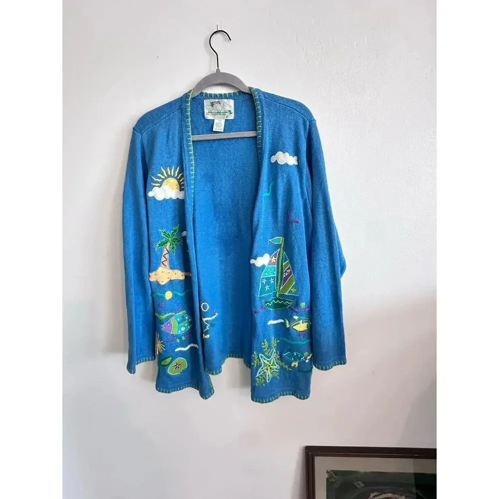 The Quacker Factory Blue Long Sleeve Embroidered knit Cardigan Sweater Size L